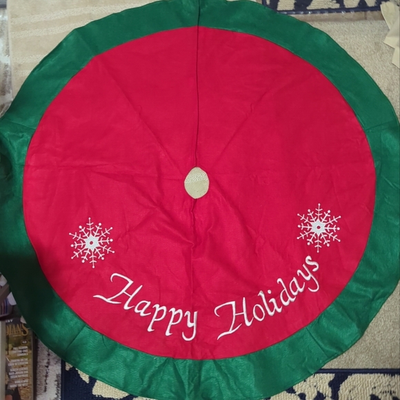 🌲Tree Skirt "HAPPY HOLIDAYS" Red Green Snowflakes Rustic Country Jute - Picture 2 of 5